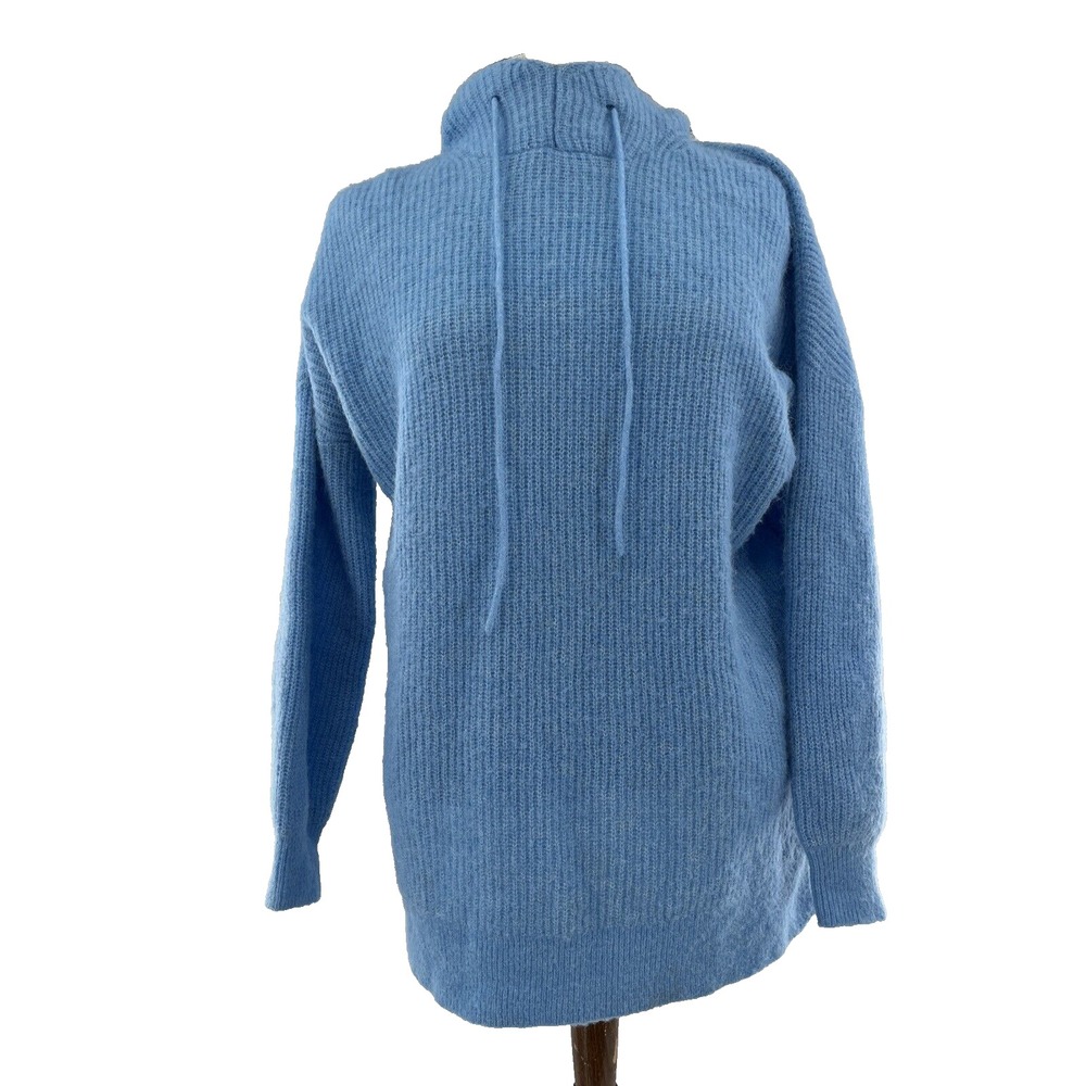 Ganni Alpaca Wool Sweater Womens‎ XS Blue Hooded Rib Knit High Low Hem Pullover